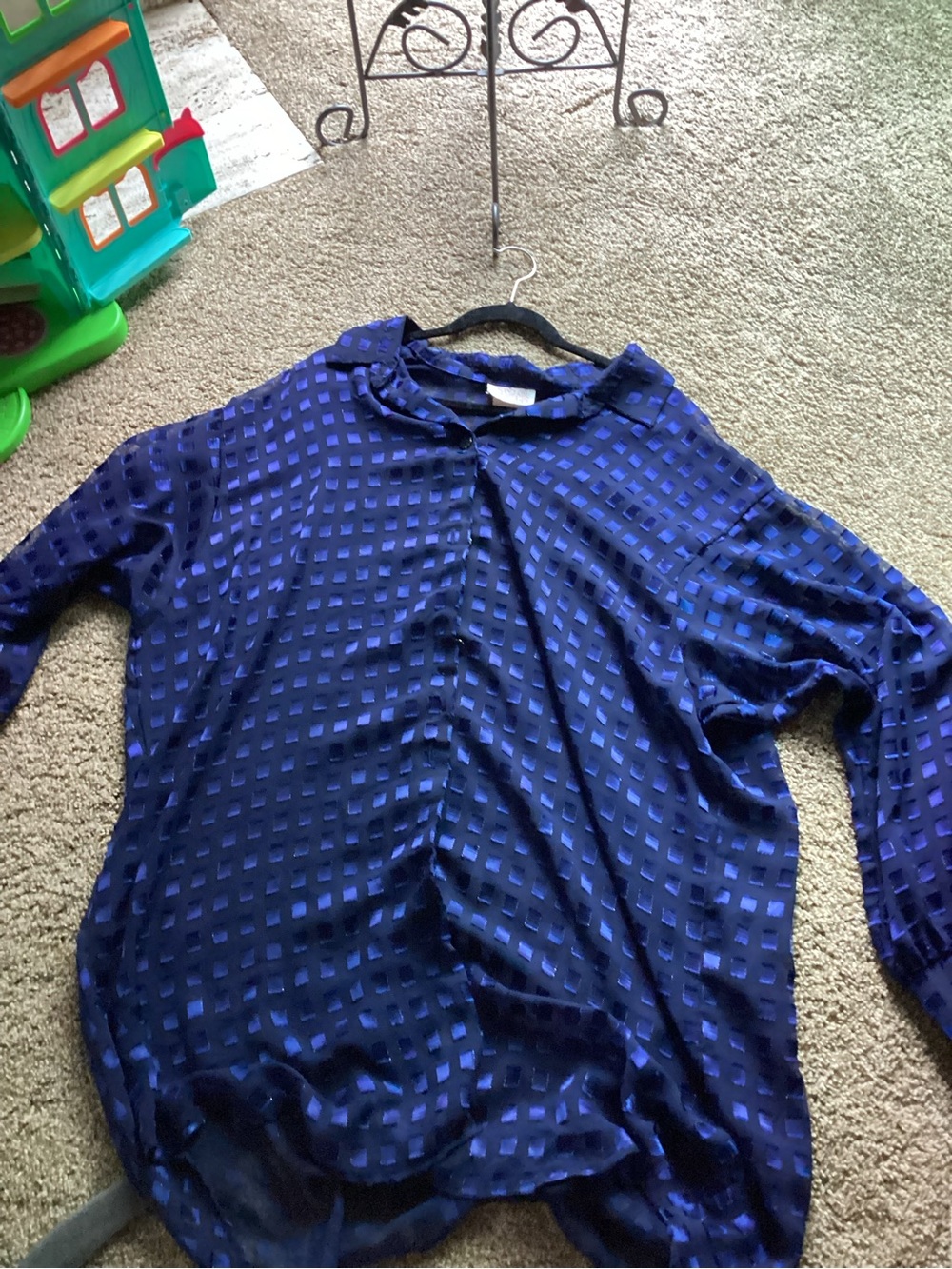 Semi-Sheer Navy Blue Button-Front Blouse